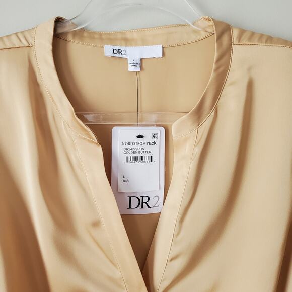 DR2 Daniel Rainn Gathered Satin Button Front Shirt L Gold Career Modern NEW - Picture 3 of 12